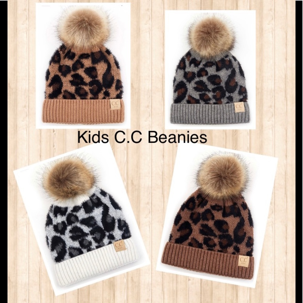Authentic Kids C.C Exclusives Animal Print Beanie hat w/ Faux Fur Pom NWT in Pkg